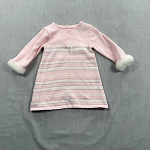 Janie and Jack Pink Striped Fair Isle Sweater Dress Faux Fur Cuffs 6-12 Months